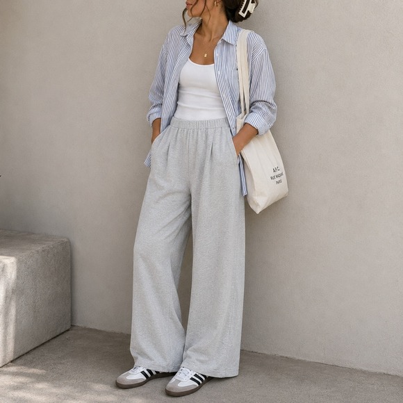 aerie Pants - Aerie Wide Leg Lounge Pants Womens L Grey 100% Cotton Casual Elevated Luxe Chic